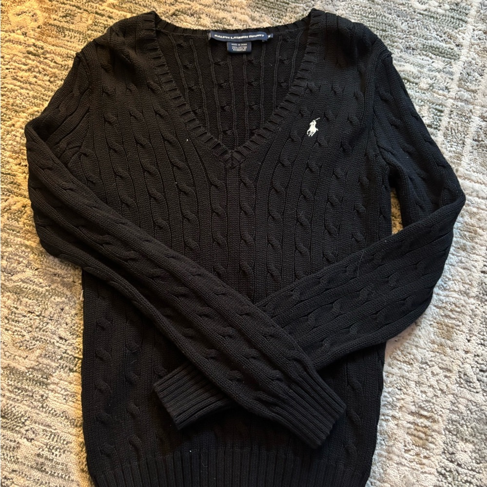 Polo by Ralph Lauren Black Cable Knit V-neck Sweater